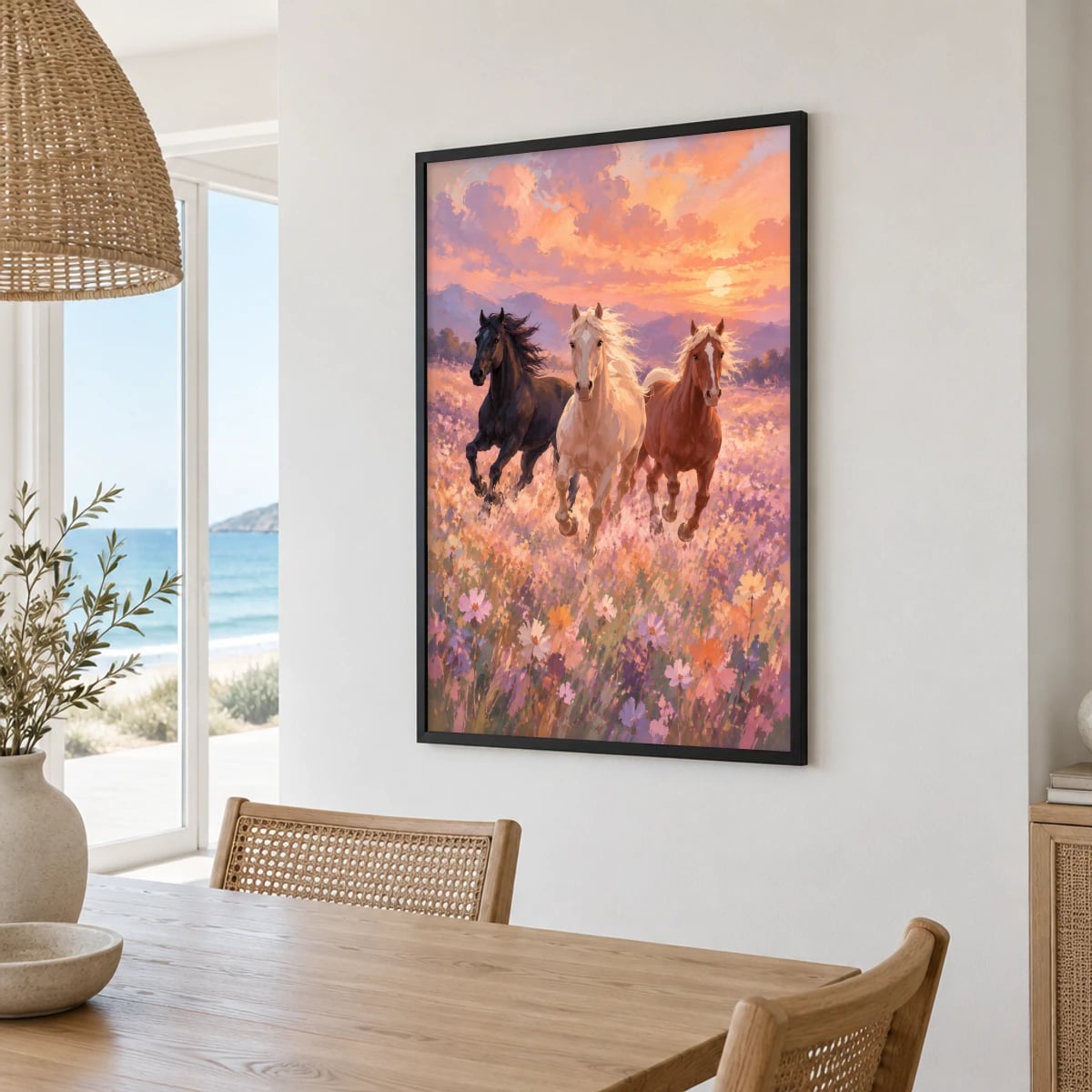 Quadro Três Cavalos Galopando ao Entardecer