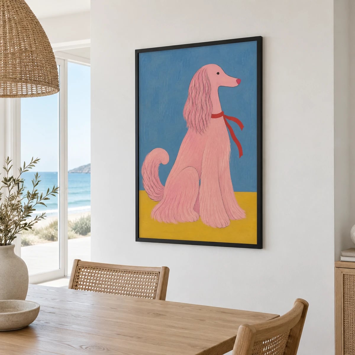Quadro Poodle Rosa com Laço Vermelho