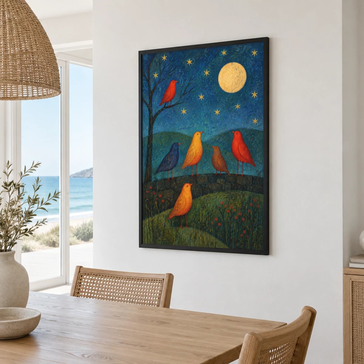 Quadro Pássaros sob a Lua e Estrelas