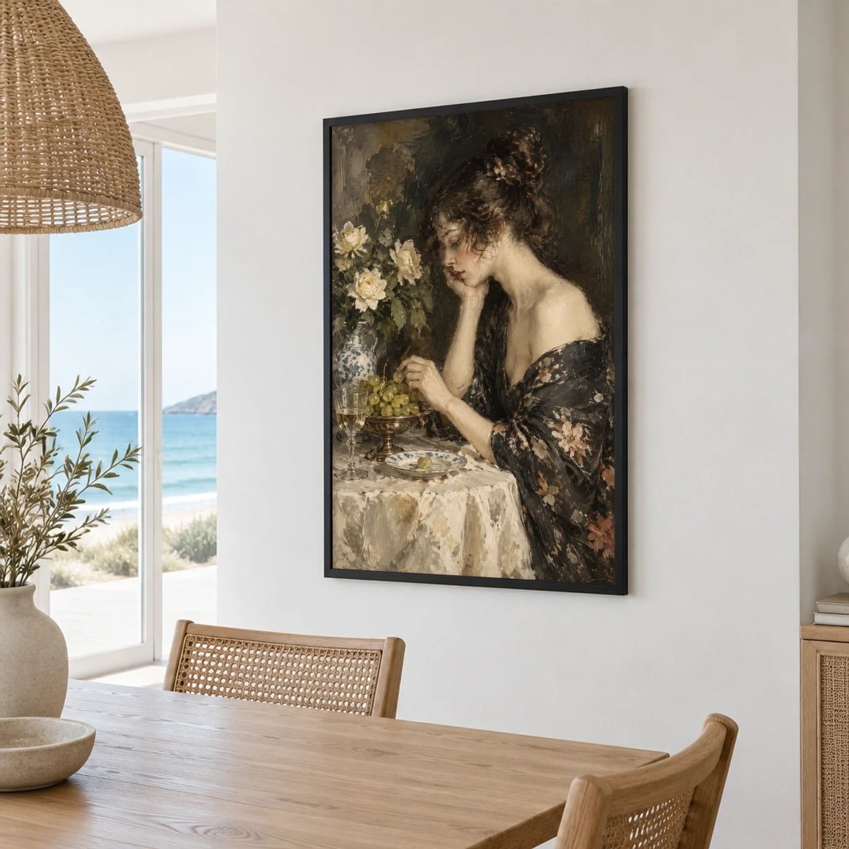 Quadro Mulher Sonhadora com Uvas e Flores
