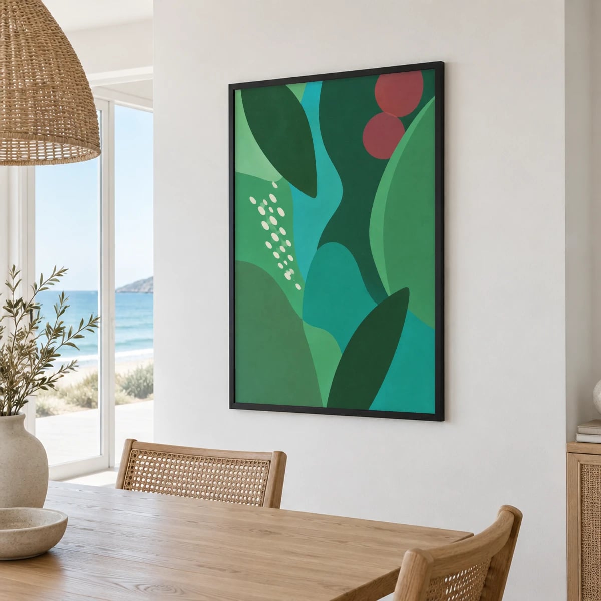 Quadro Folhagem Abstrata com Frutos Vermelhos