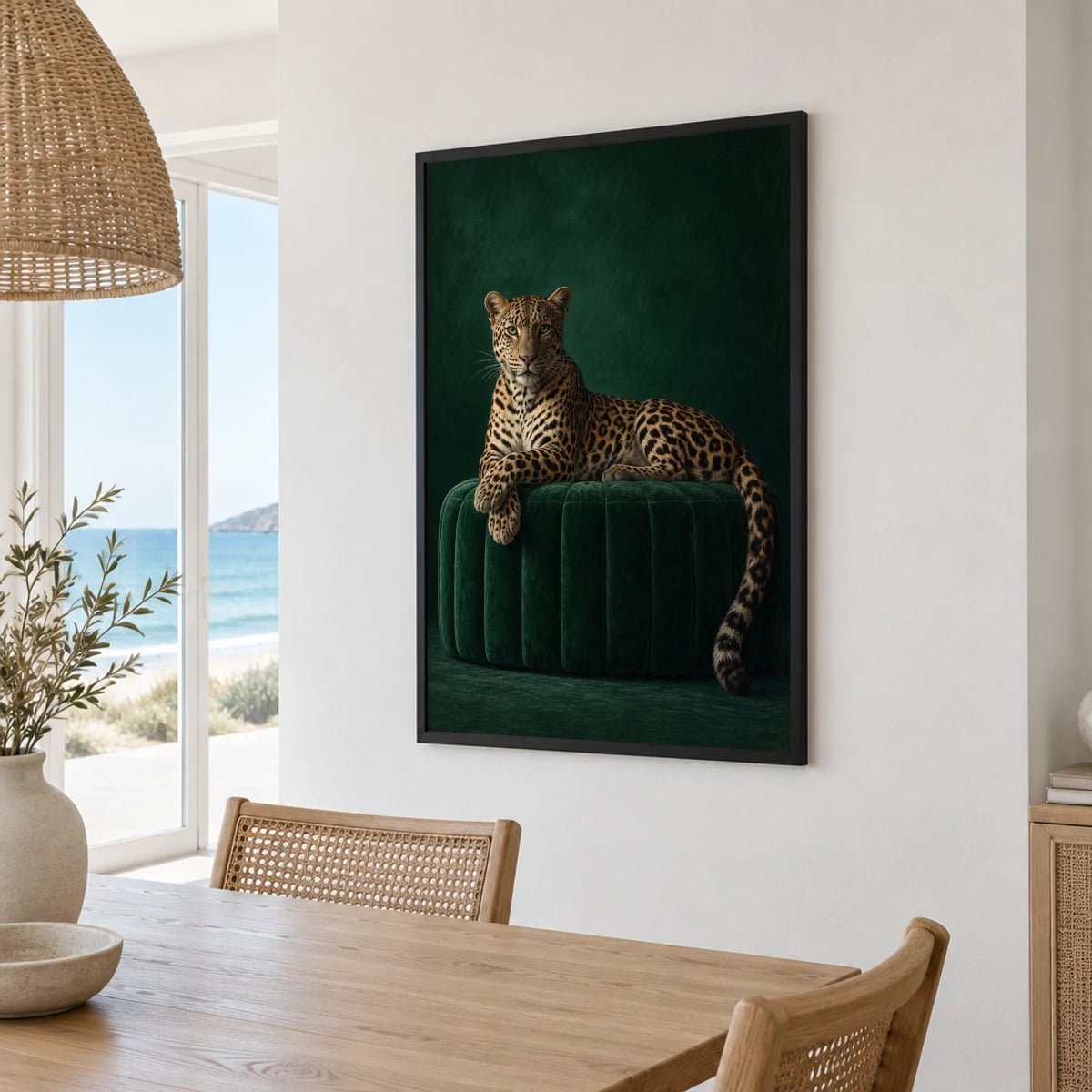 Quadro Onça Pintada Sobre Almofada Verde