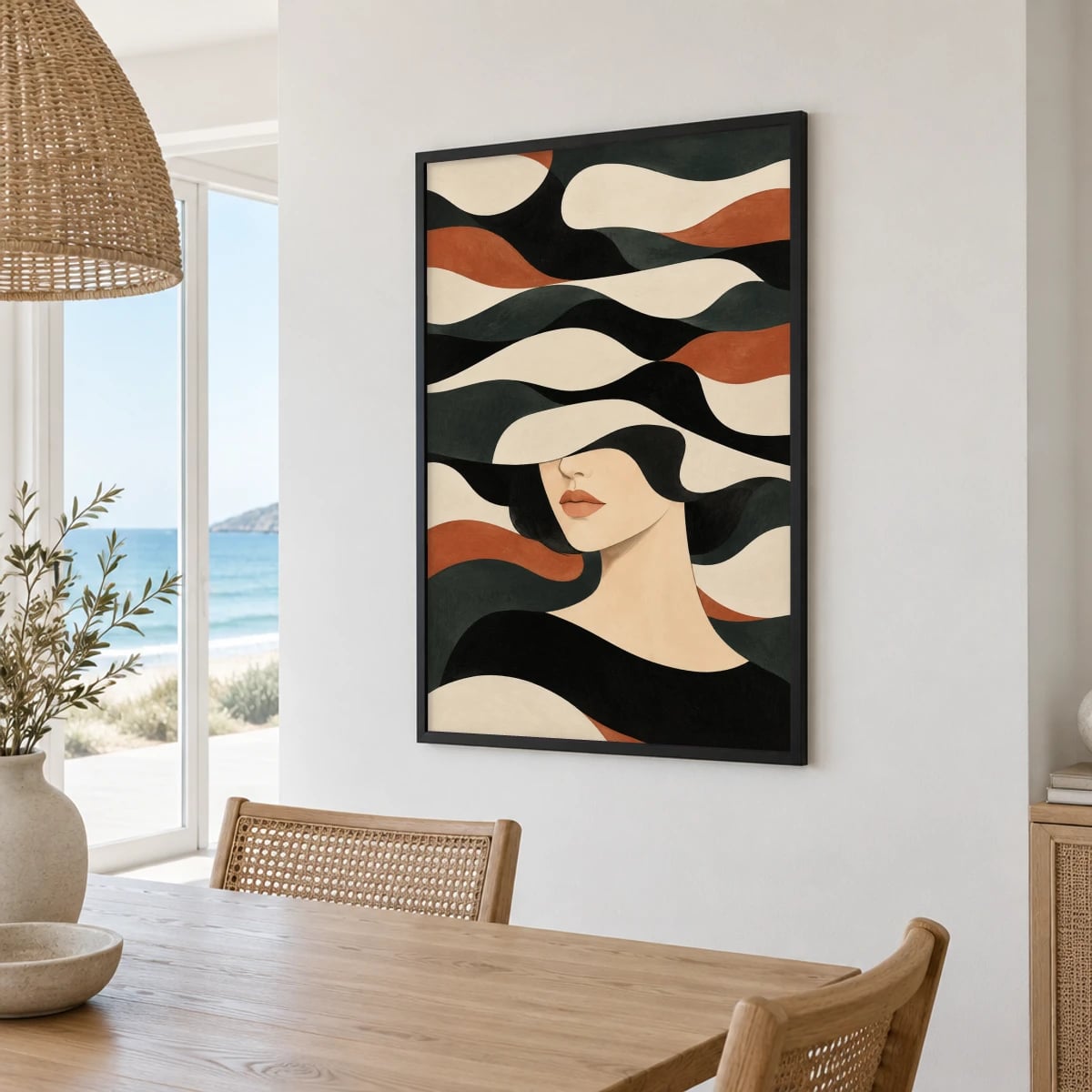 Quadro Rosto Feminino sob Ondas Abstratas