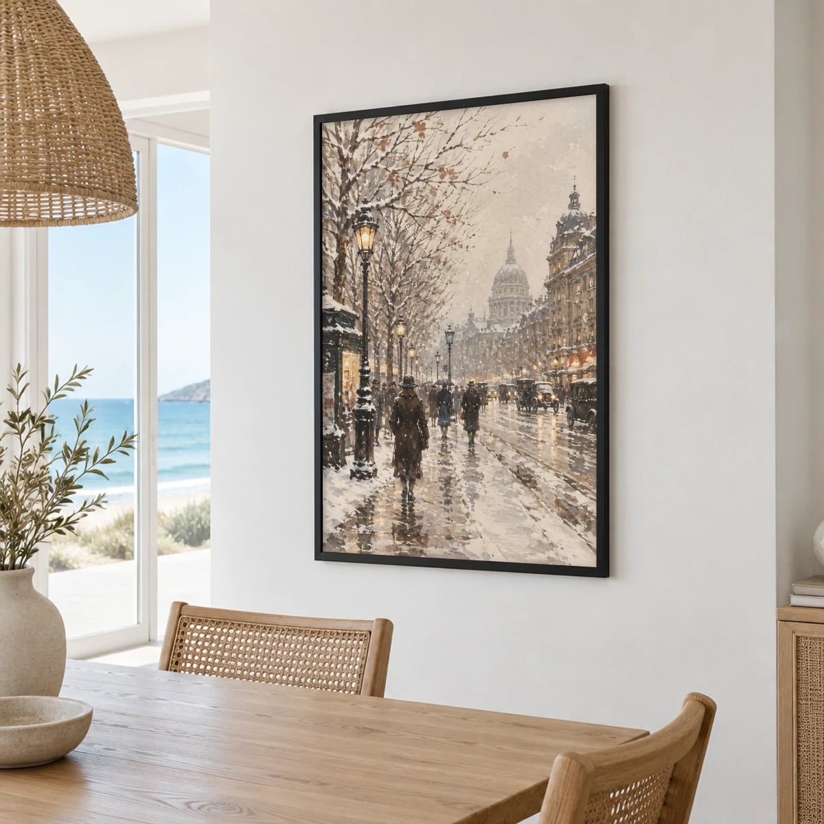 Quadro Rua Nevada com Pessoas e Chafariz