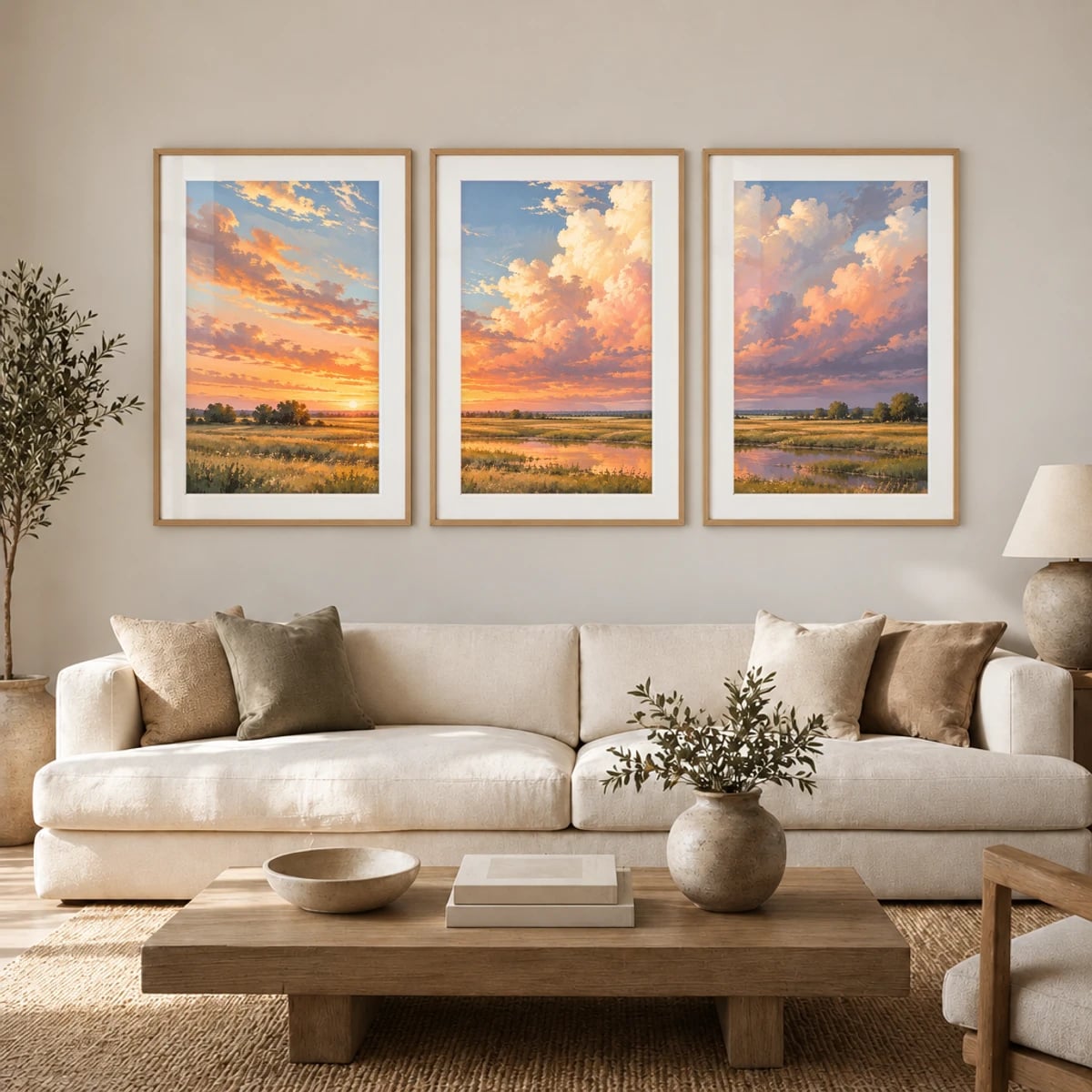 Quadro Campos ao Entardecer com Nuvens Douradas