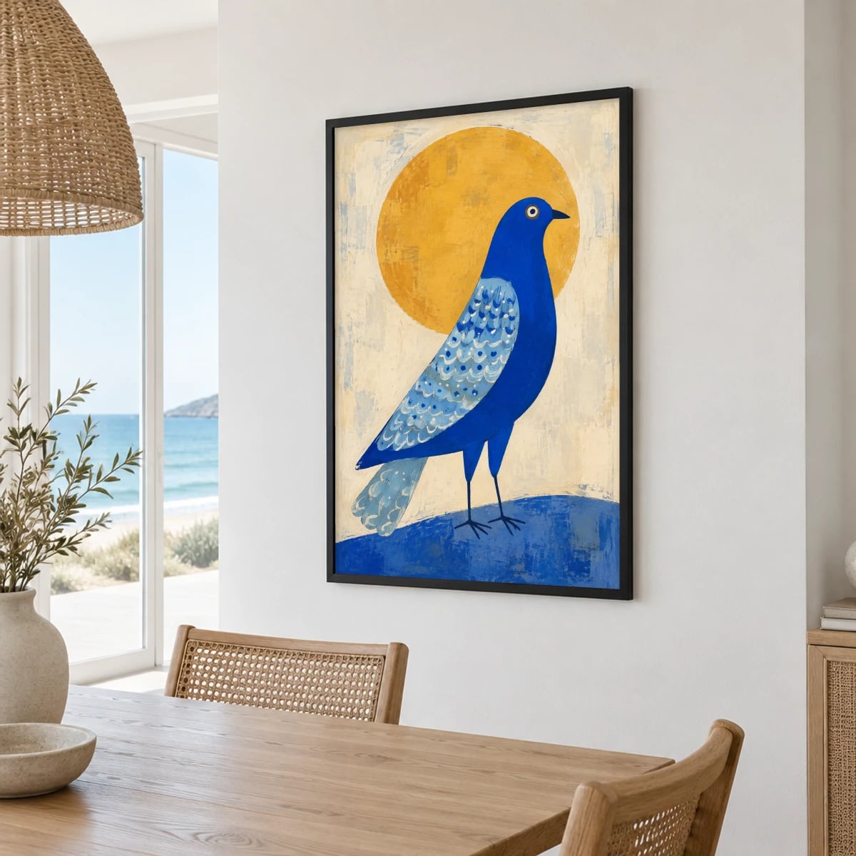Quadro Pássaro Azul com Sol Dourado