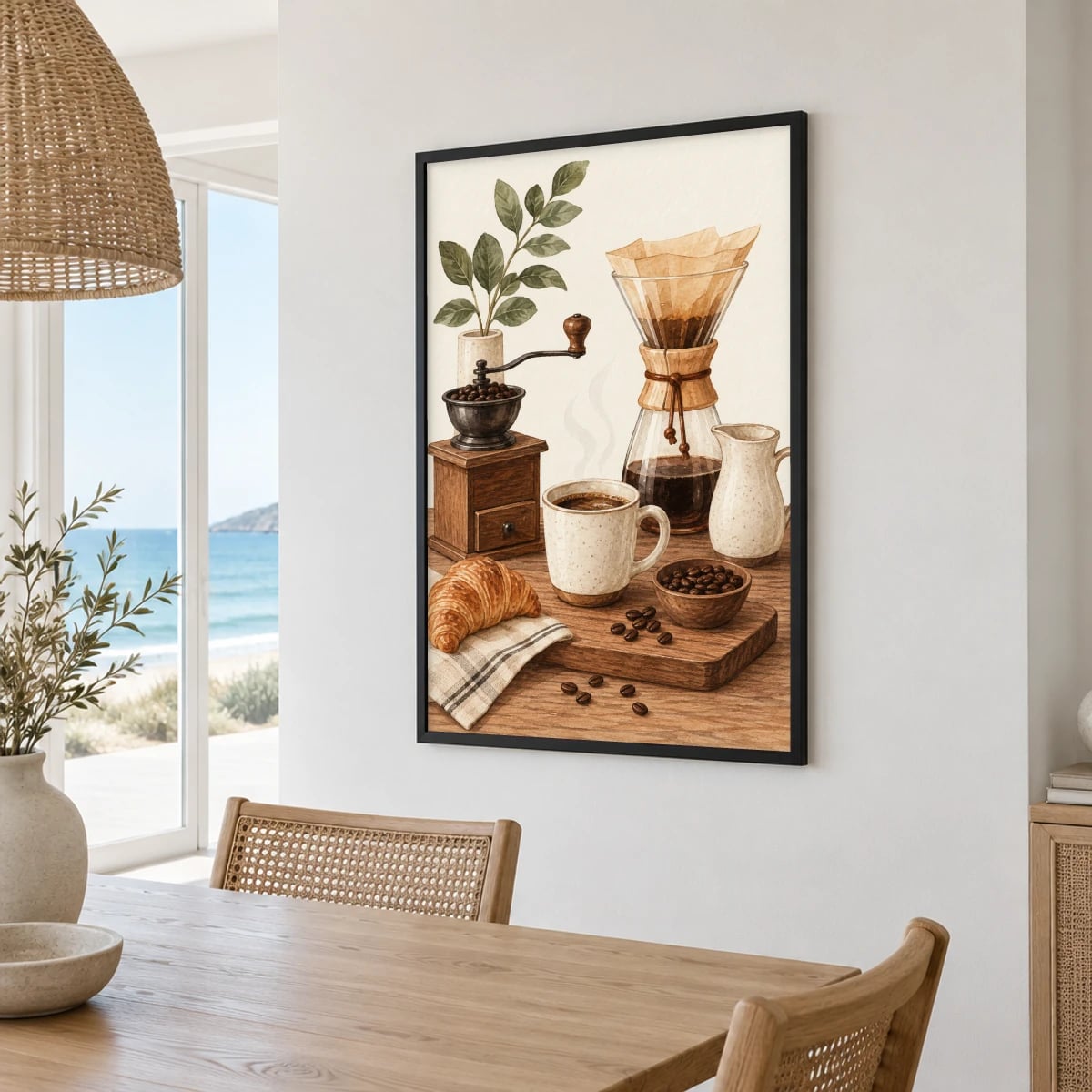 Quadro Café Coado com Croissant e Grãos