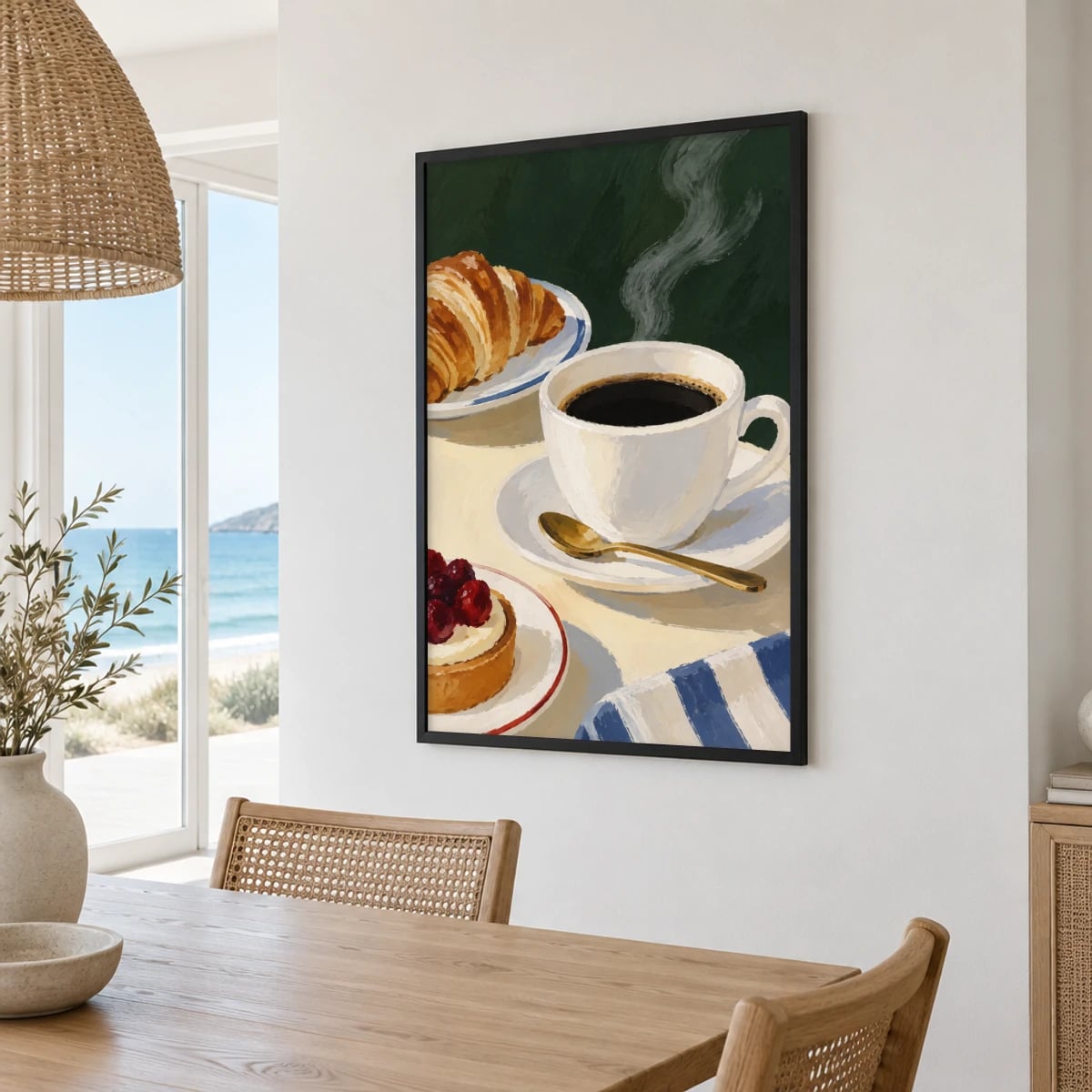 Quadro Café Quente com Croissant e Torta