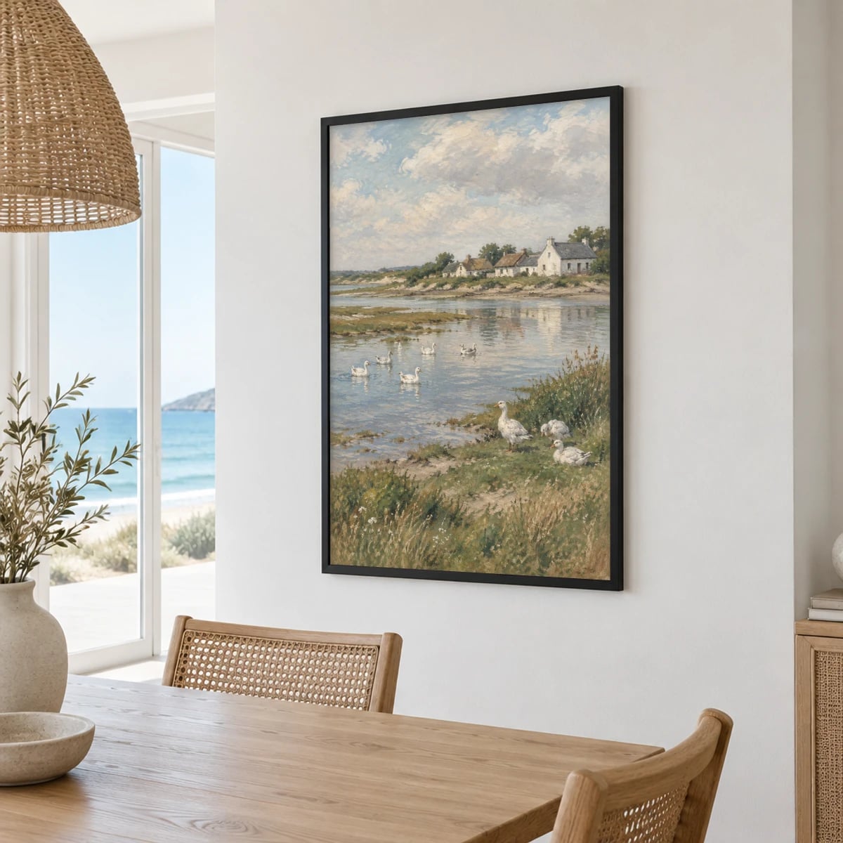 Quadro Casa e Gansos na Margem do Lago