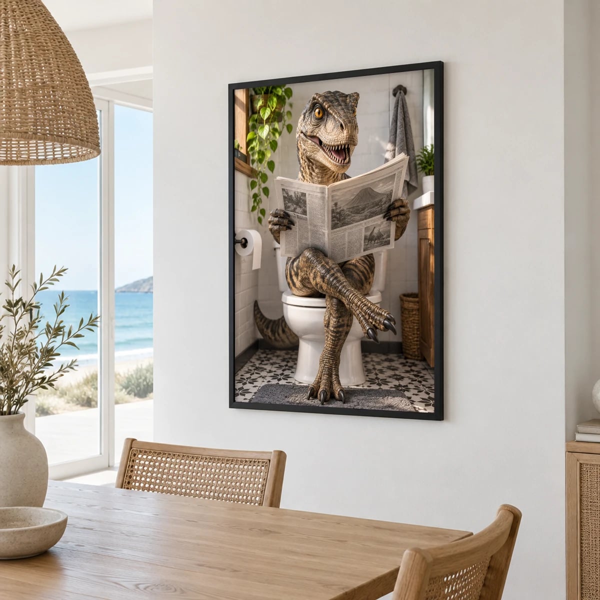 Quadro Dinossauro Leitor no Banheiro em Marrom e Cinza