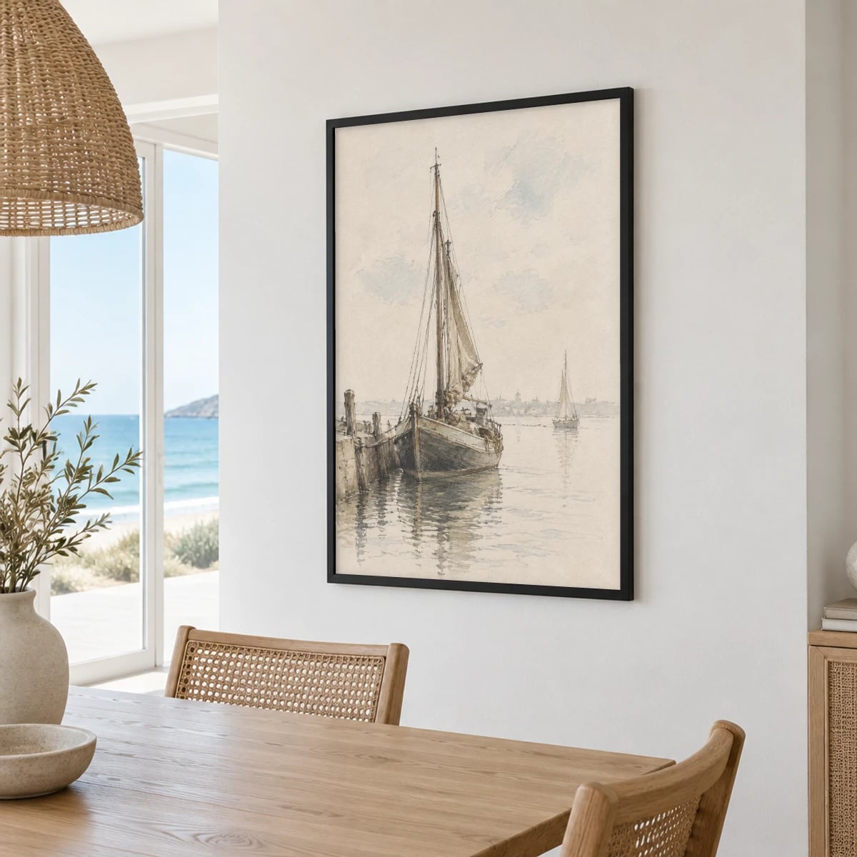 Quadro Barco à Vela Ancorado no Cais
