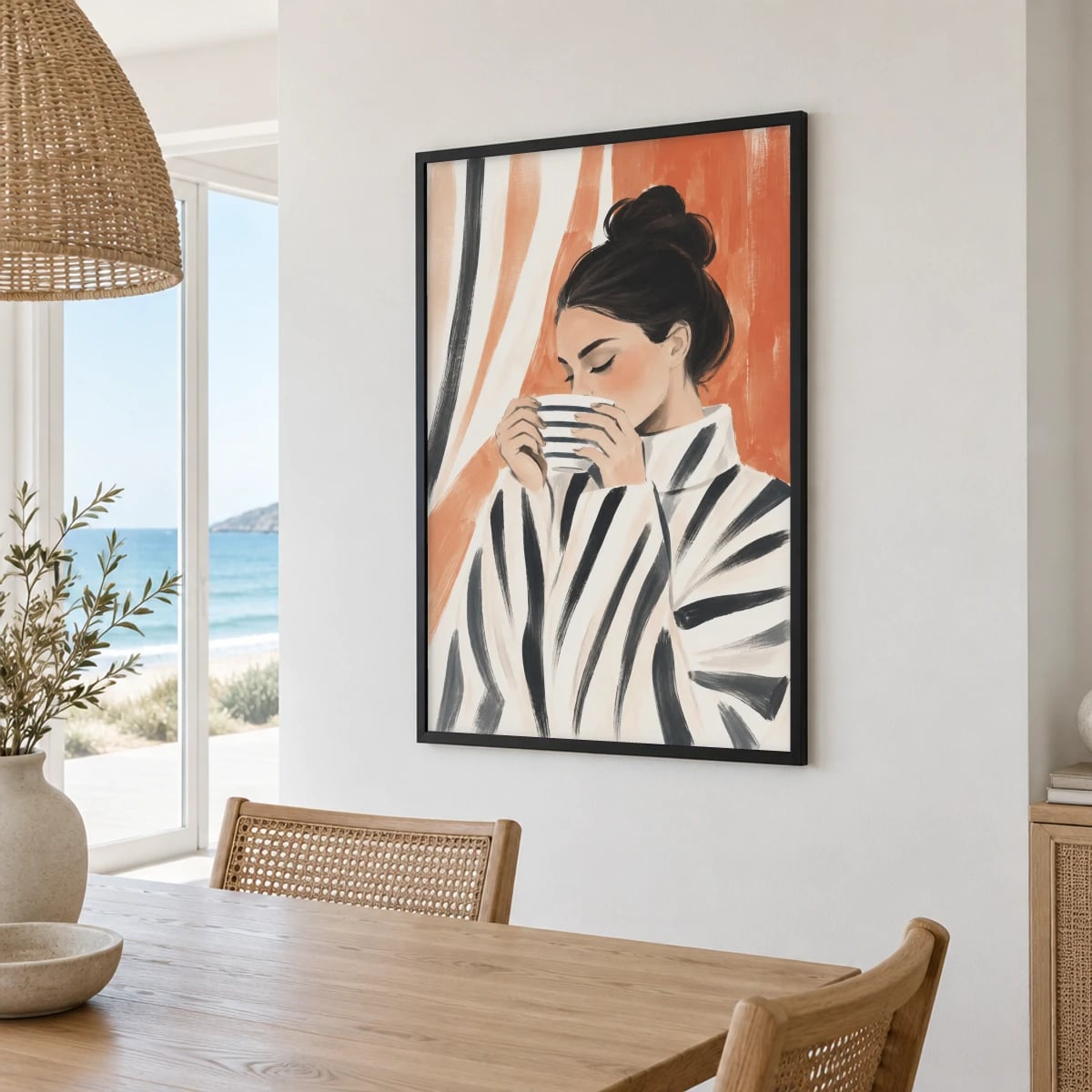 Quadro Mulher com Chá em Quimono Listrado