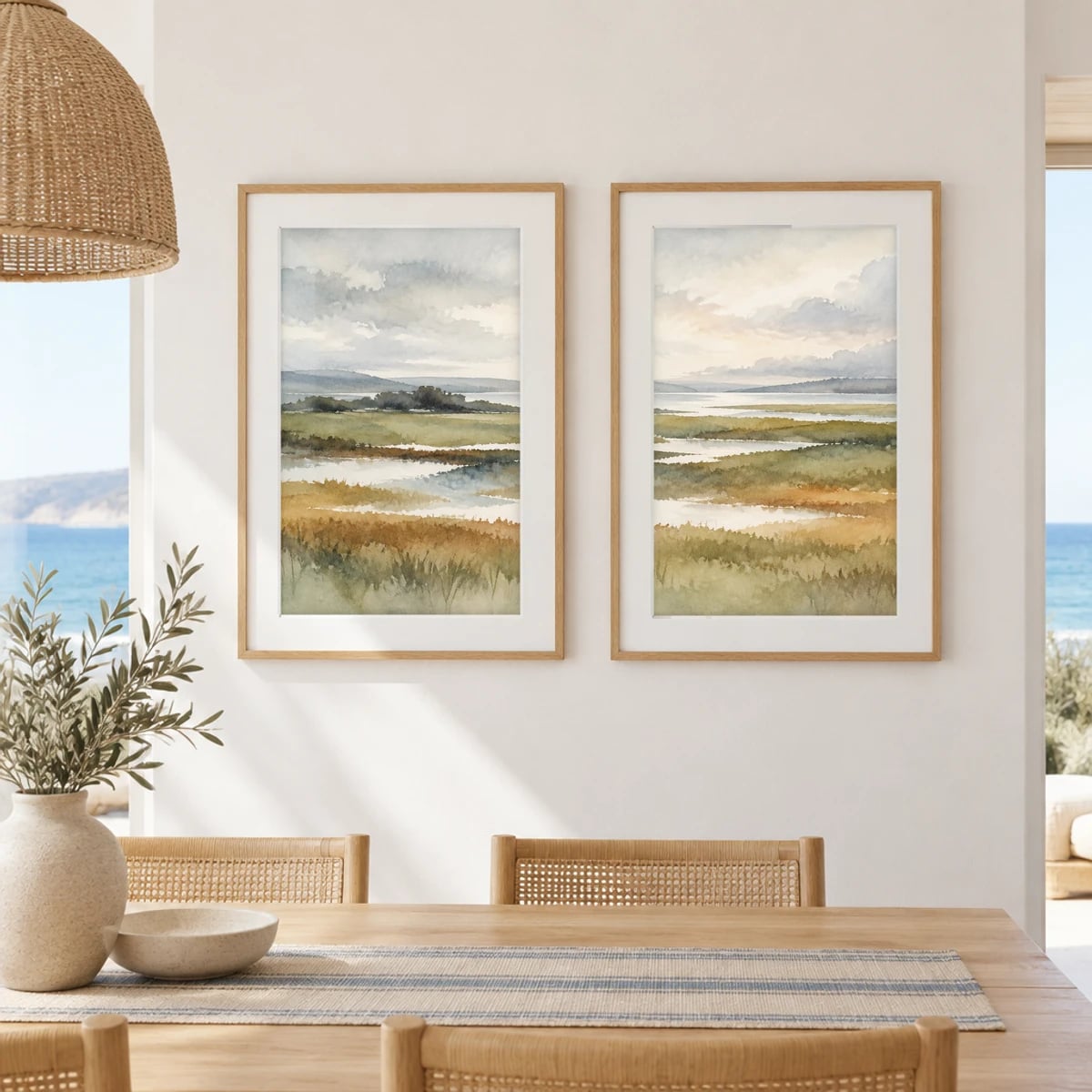 Quadro Campos Alagados sob Céu Nublado