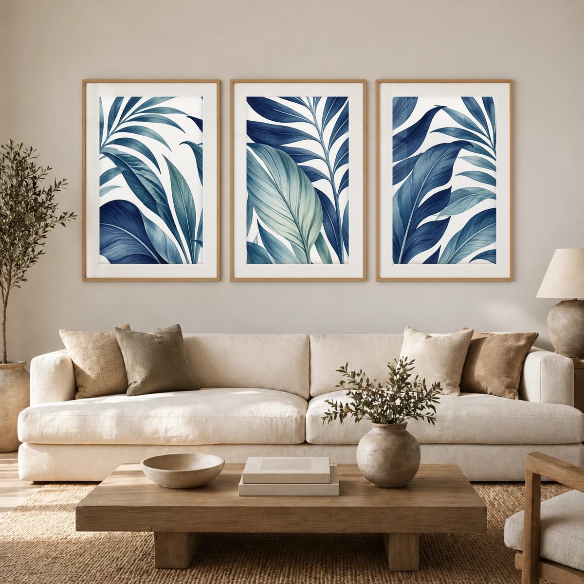 Quadro Folhagens Tropicais em Aquarela Azul