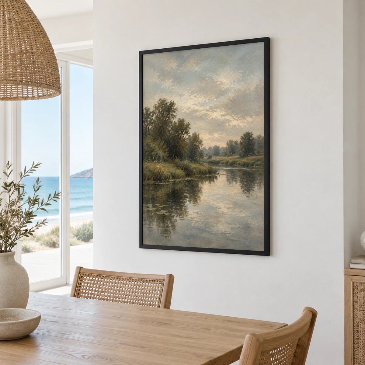Quadro Rio Calmo em Paisagem Campestre em Cinza e Verde