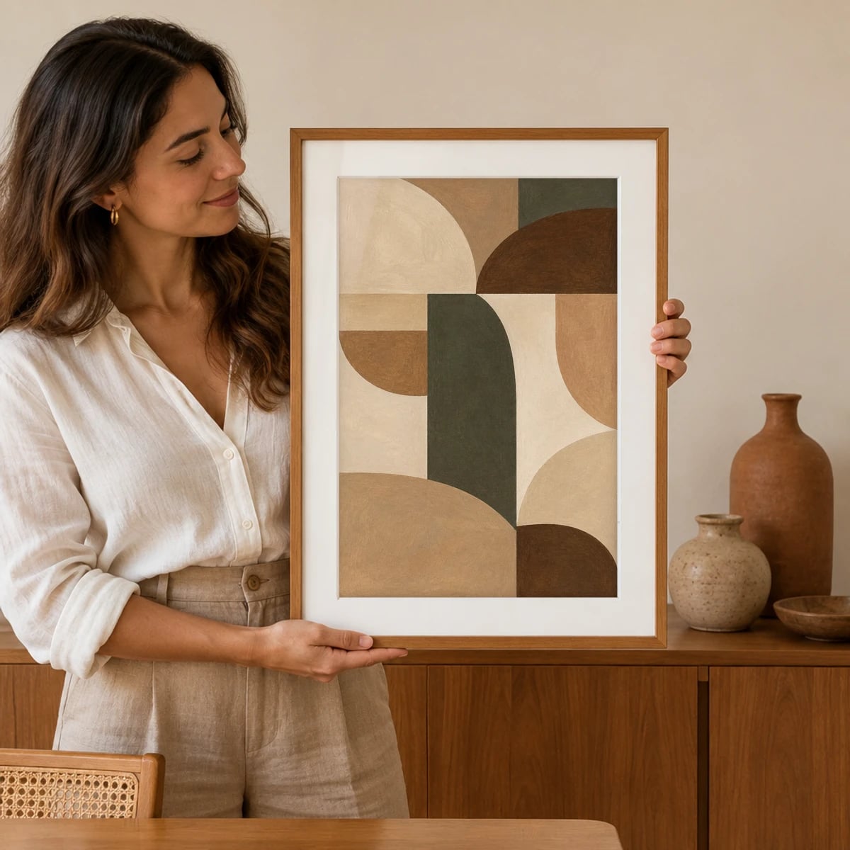 Com vidro · passe-partout · com pessoa · Freijó · frontal · vertical · cena 1:1 (studio 3d54c88e)