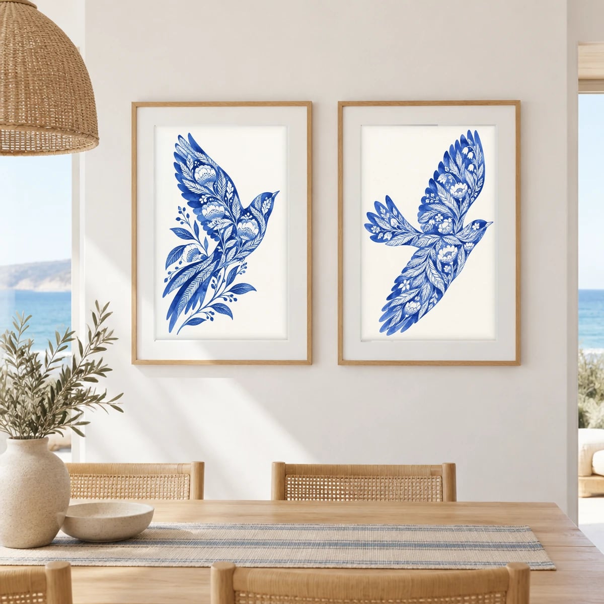 Quadro Pássaros Floridos em Voo Azul