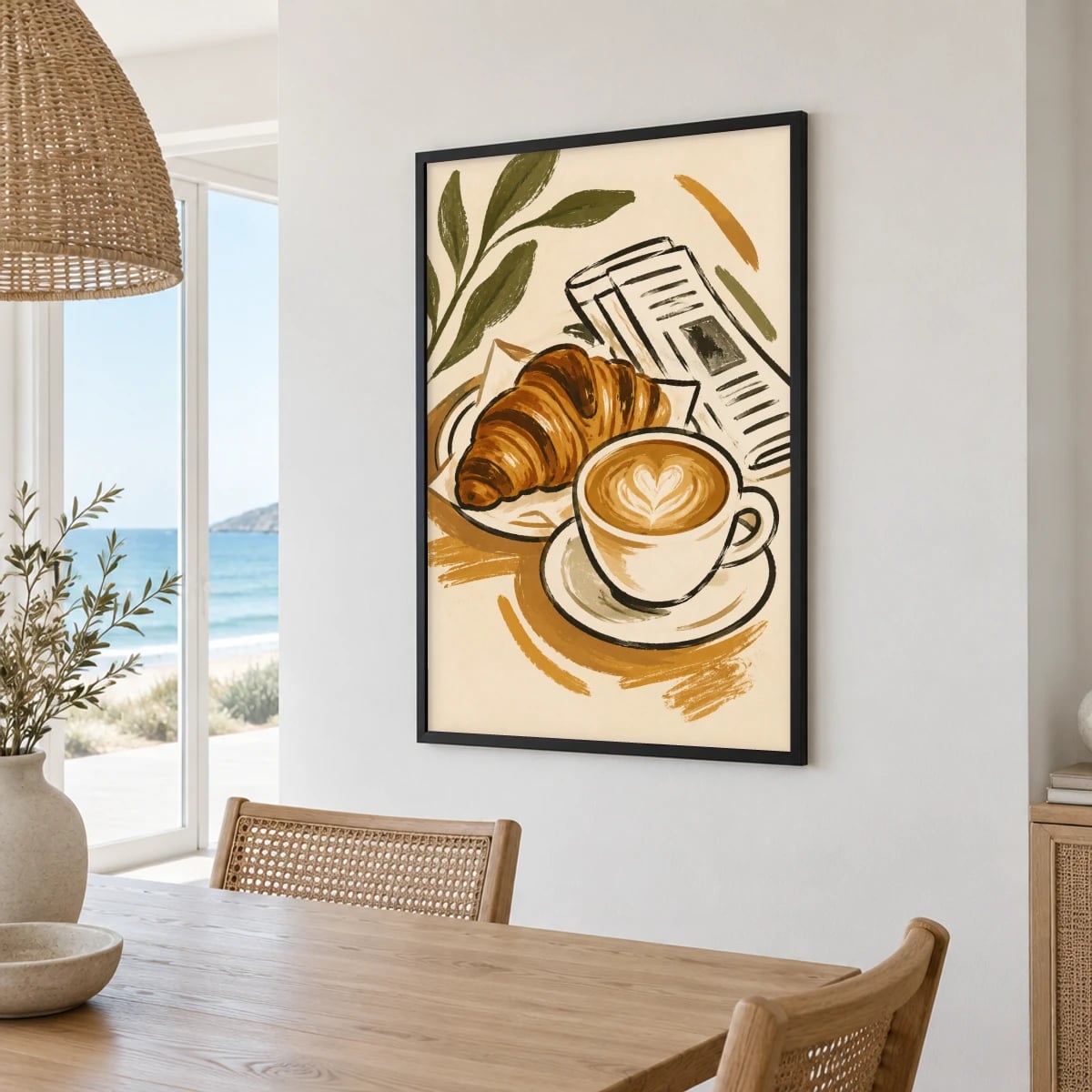 Quadro Café com Croissant e Jornal