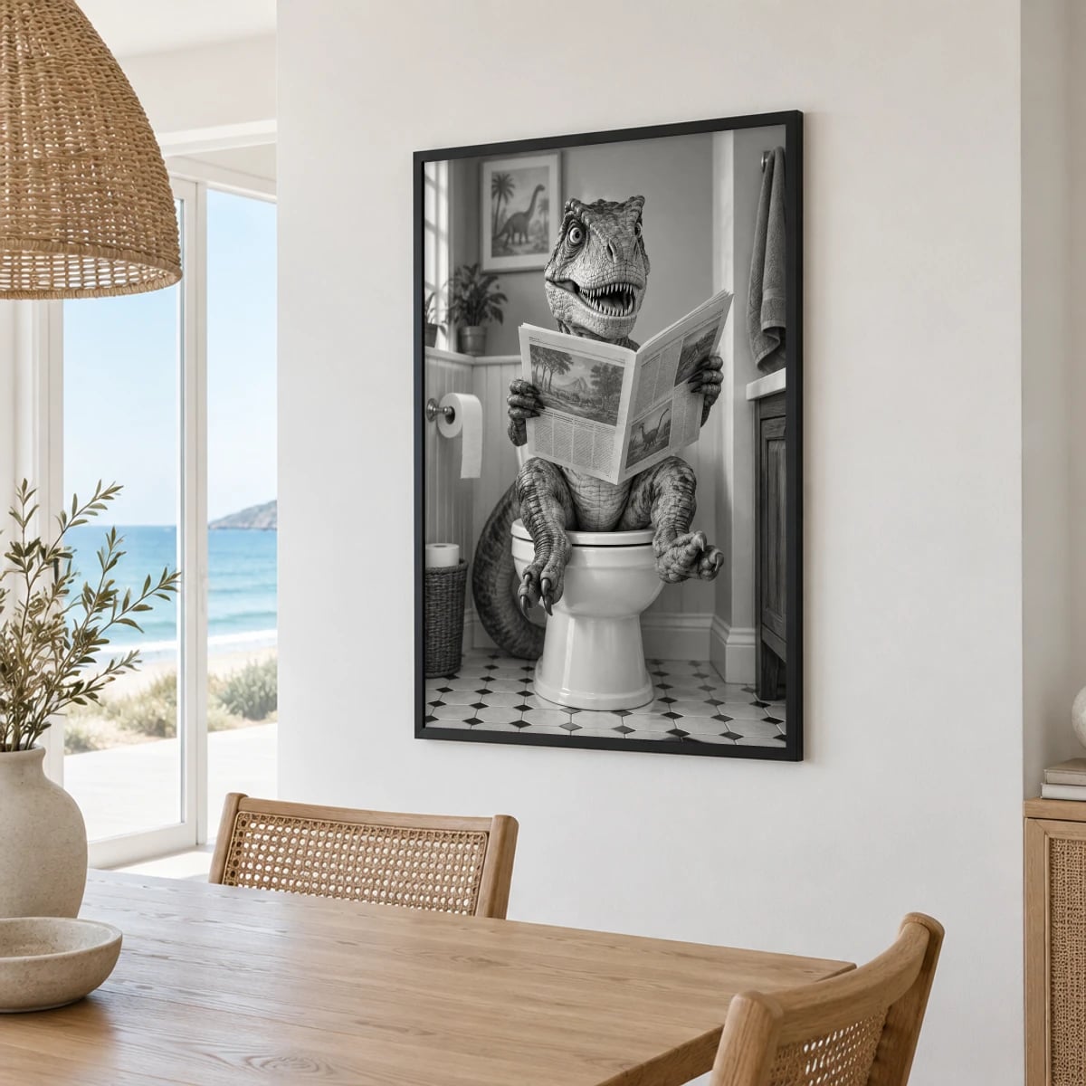 Quadro Dinossauro Leitor no Banheiro
