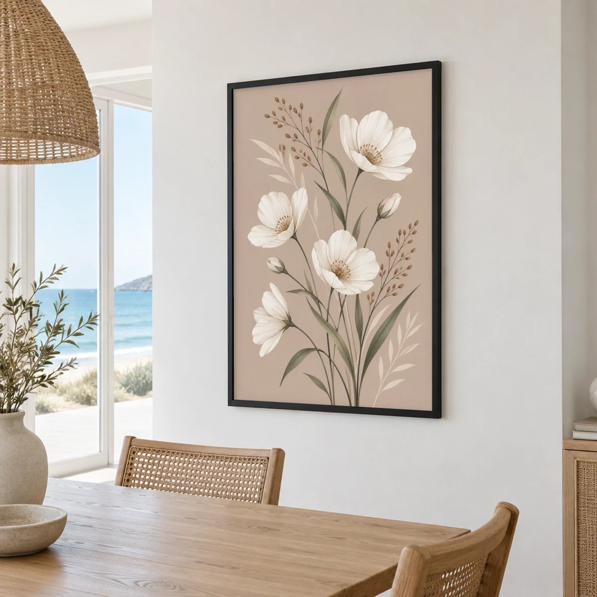 Quadro Flores Brancas Sobre Fundo Neutro