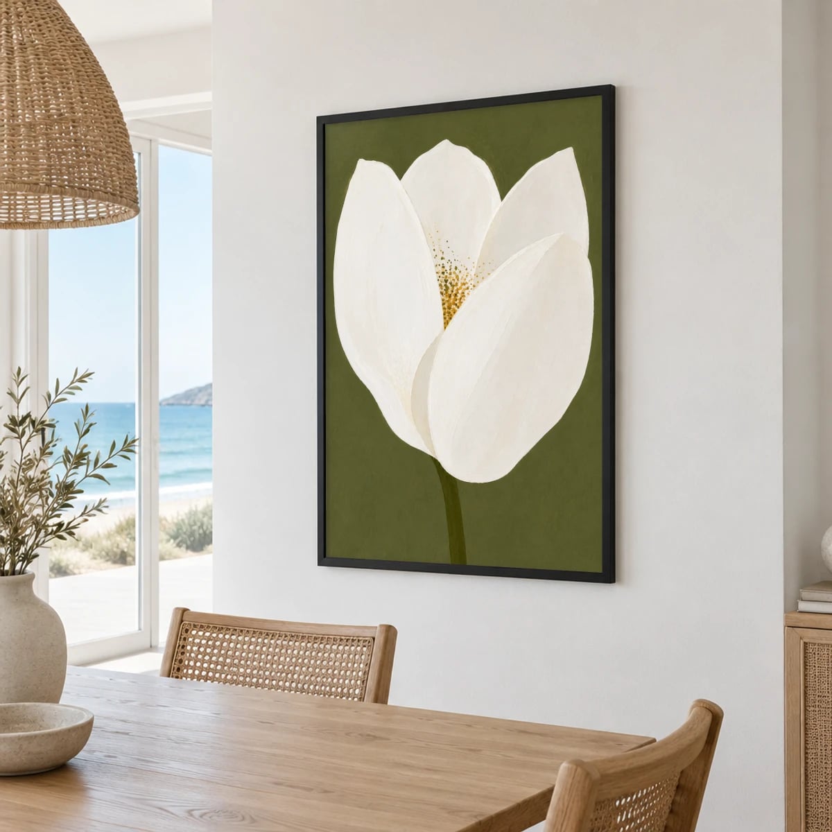 Quadro Tulipa Branca Sobre Fundo Verde