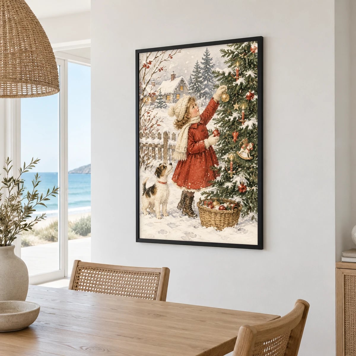 Quadro Menina Decorando Árvore de Natal