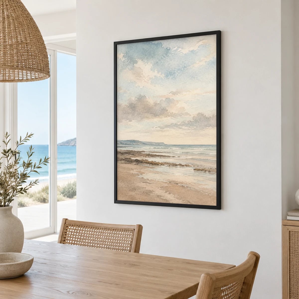 Quadro Praia ao Amanhecer com Céu Nublado