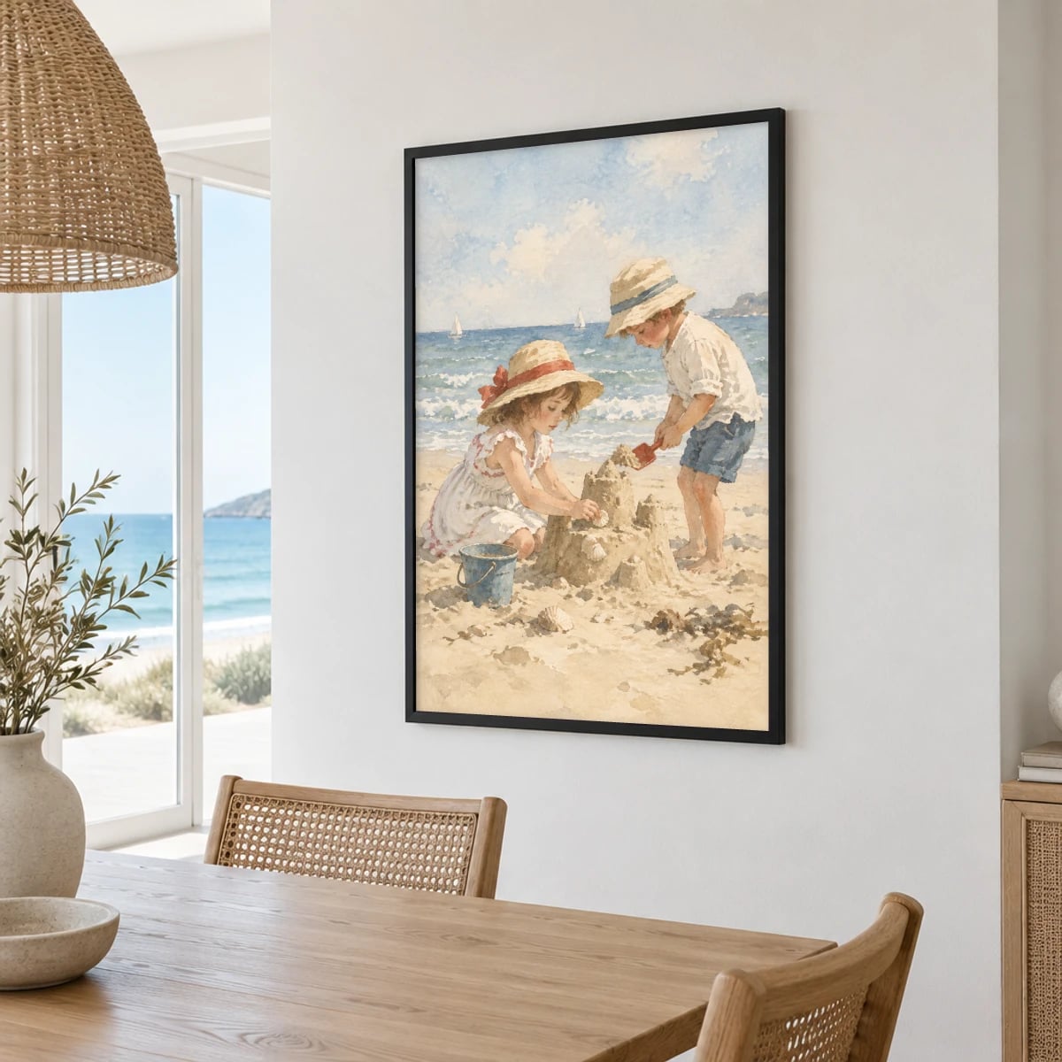 Quadro Crianças Construindo Castelo de Areia