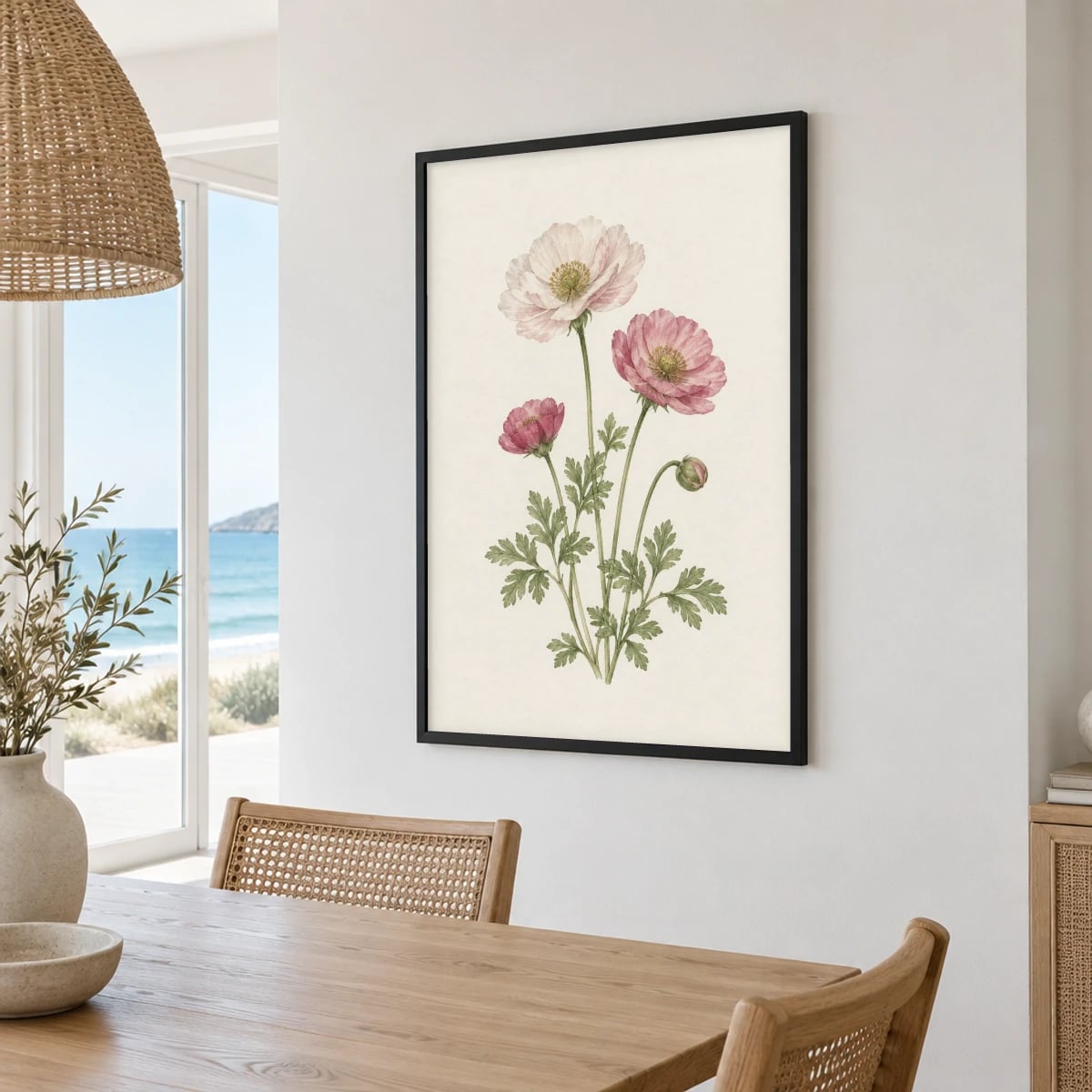 Quadro Anêmonas com Botões e Folhagens