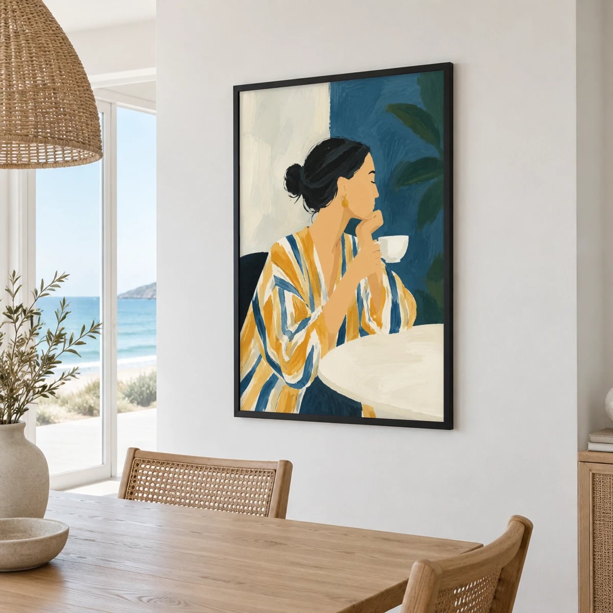 Quadro Mulher Pensativa com Café