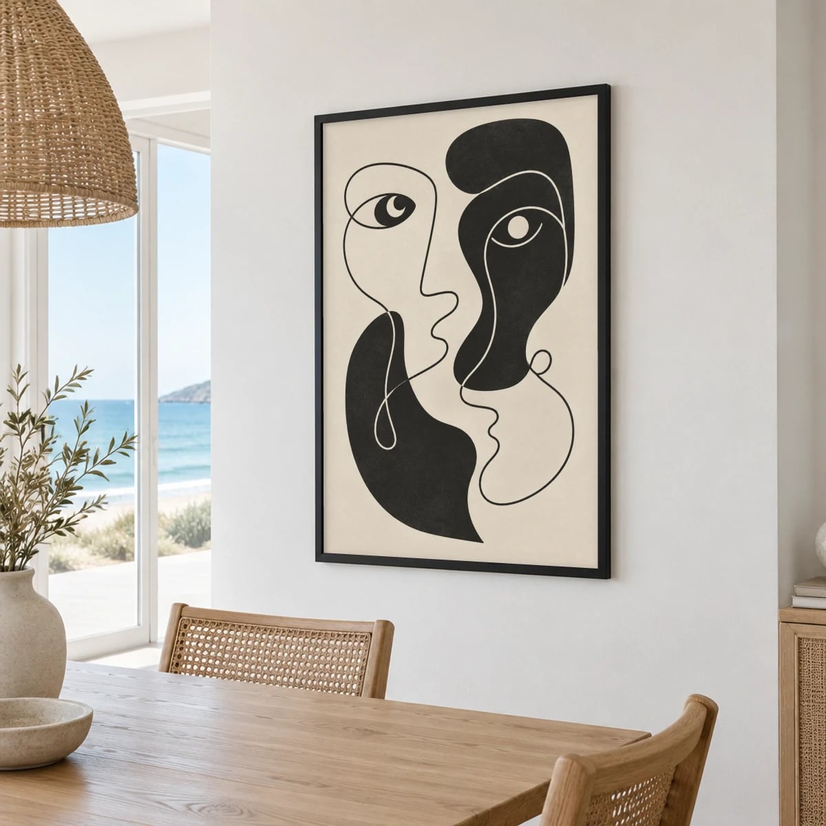 Quadro Rostos Entrelaçados em Traço Contínuo