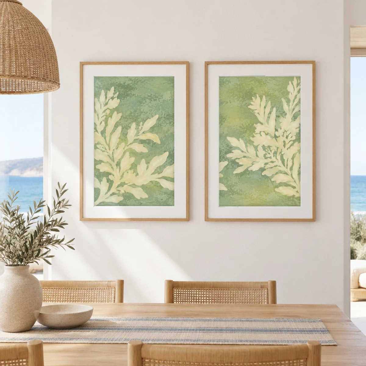 Quadro Folhagem Branca em Fundo Verde