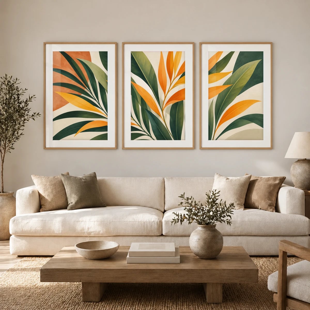 Quadro Folhagem Tropical em Tons Quentes em Verde Escuro e Verde Claro