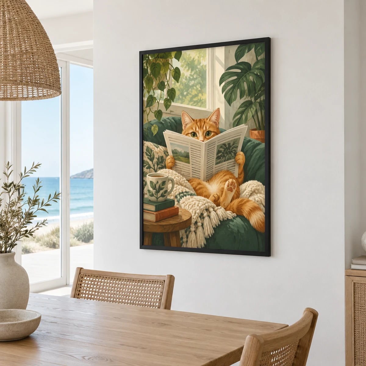 Quadro Gato Laranja Lendo Jornal