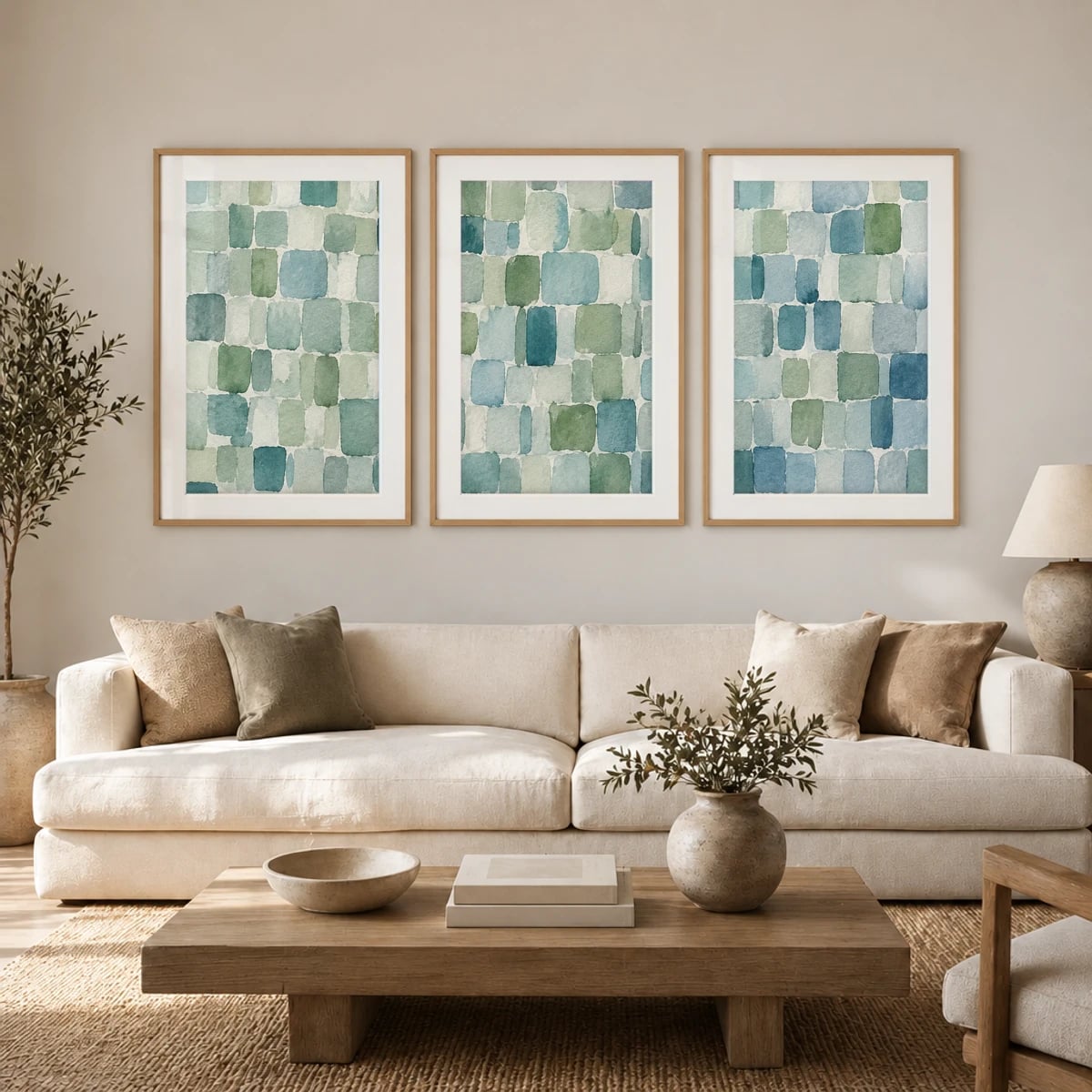 Quadro Retângulos Aquarelados em Verde e Azul