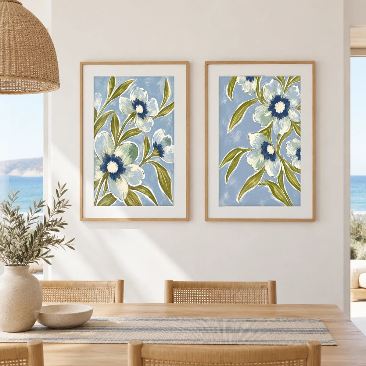 Quadro Flores Azuis com Folhagem Verde