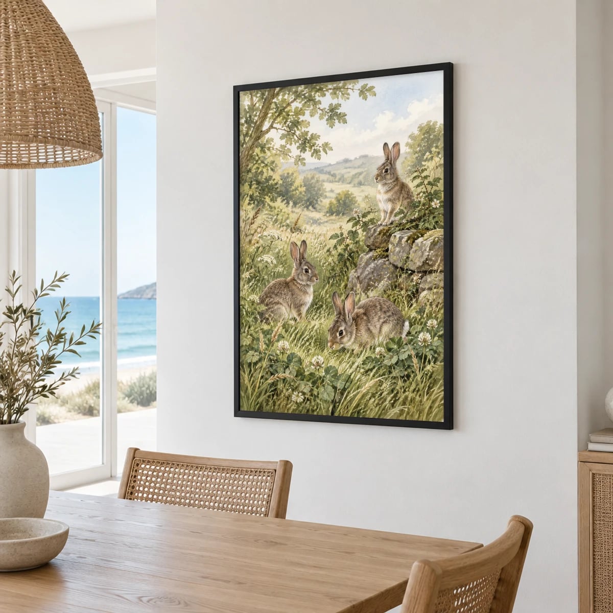 Quadro Coelhos no Campo Natural