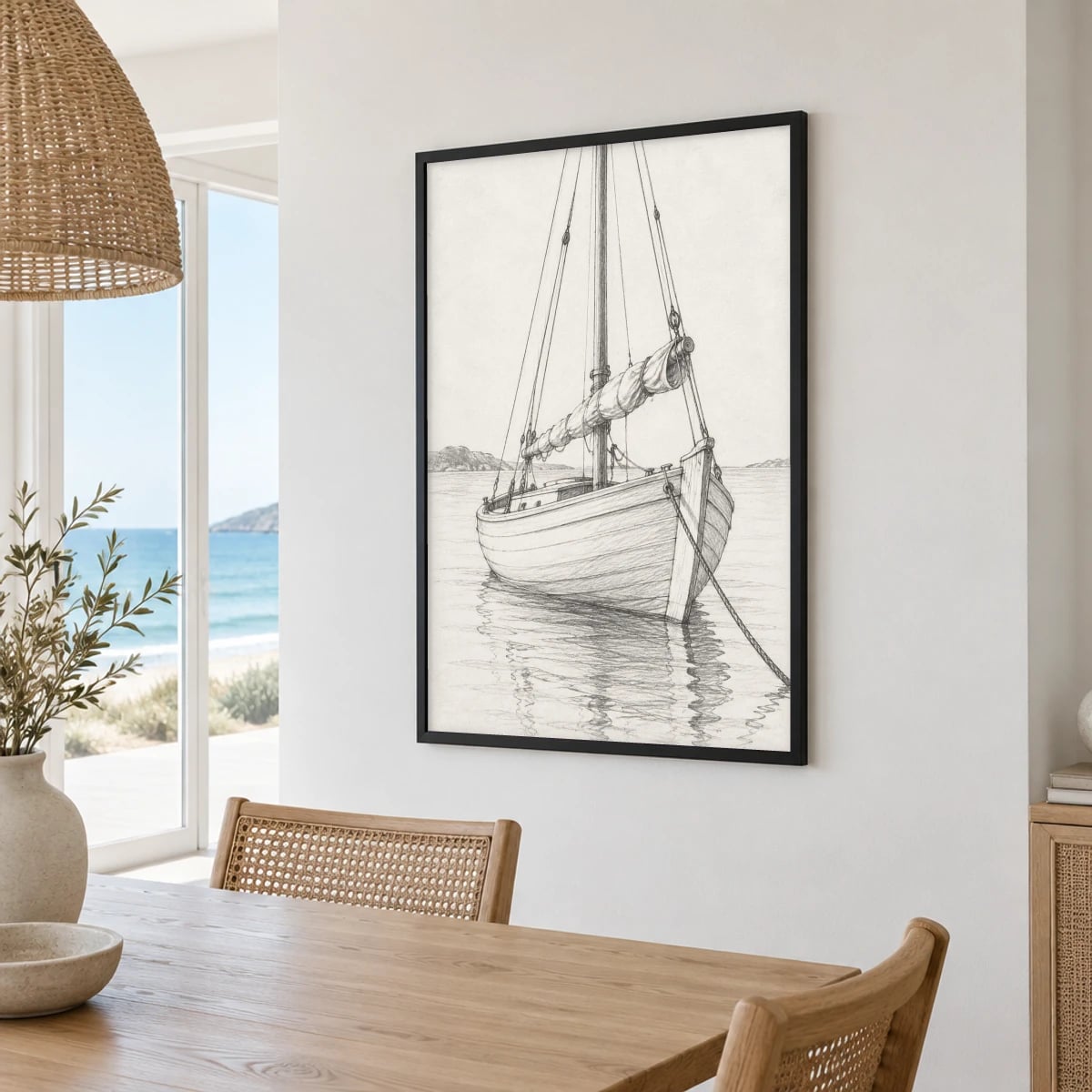 Quadro Barco à Vela Ancorado na Enseada