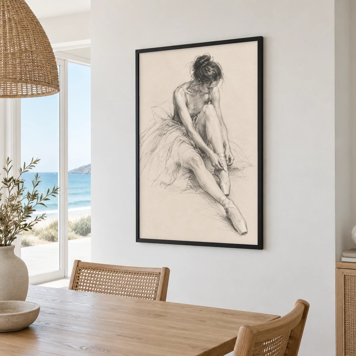 Quadro Bailarina Amarrando Sapatilha em Preto e Cinza