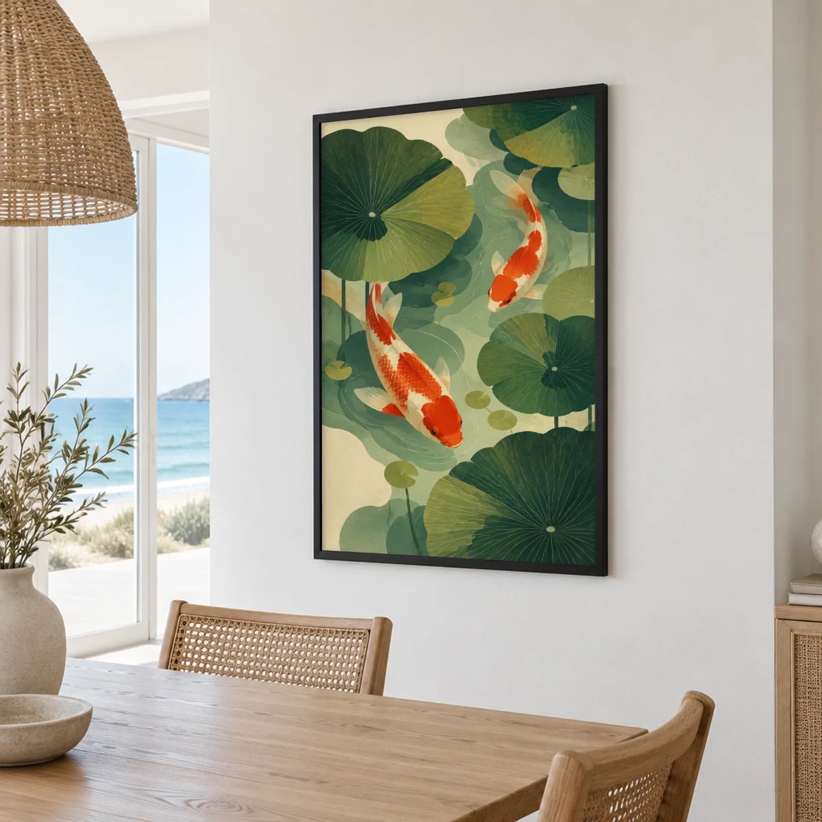 Quadro Carpas Nadando Entre Folhas de Lótus