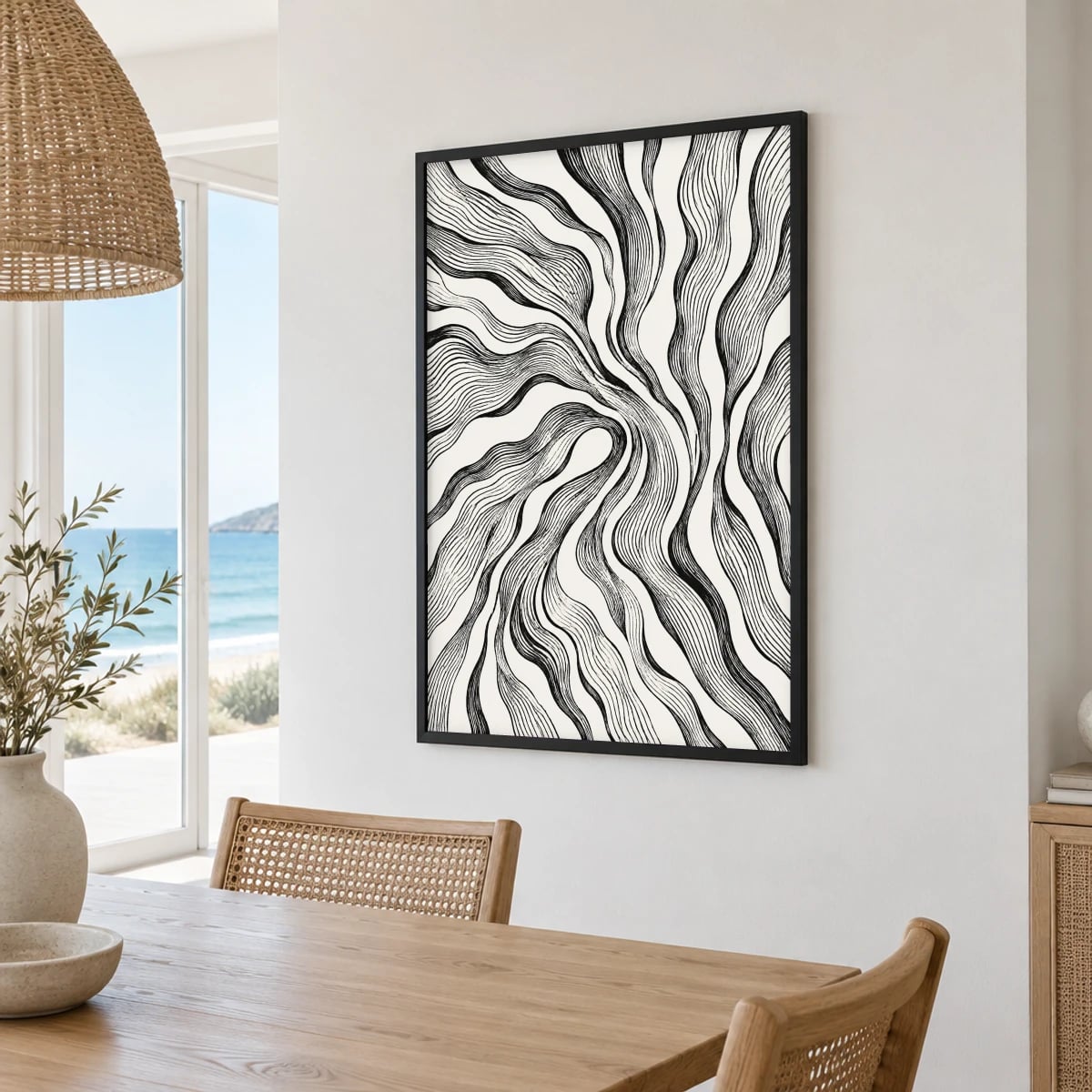 Quadro Ondas Lineares em Preto e Branco