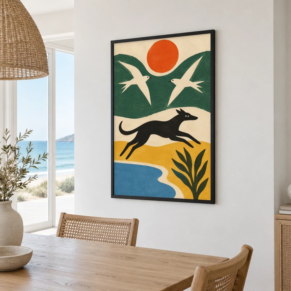 Quadro Cachorro Correndo sob Andorinhas