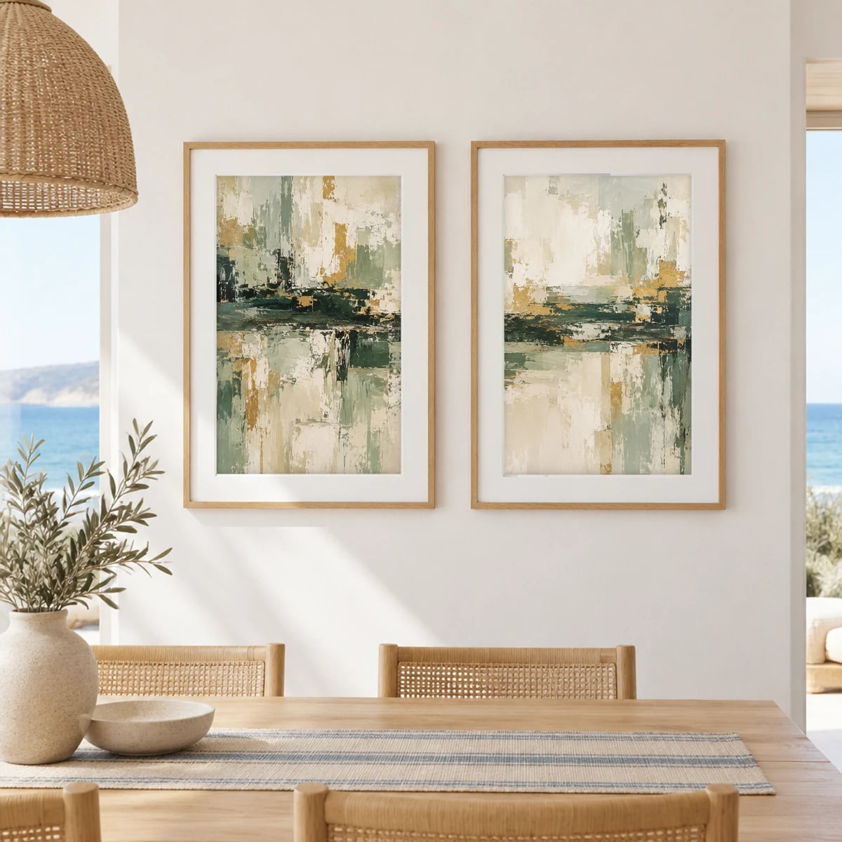 Quadro Abstrato Orgânico em Tons Naturais em Verde e Bege