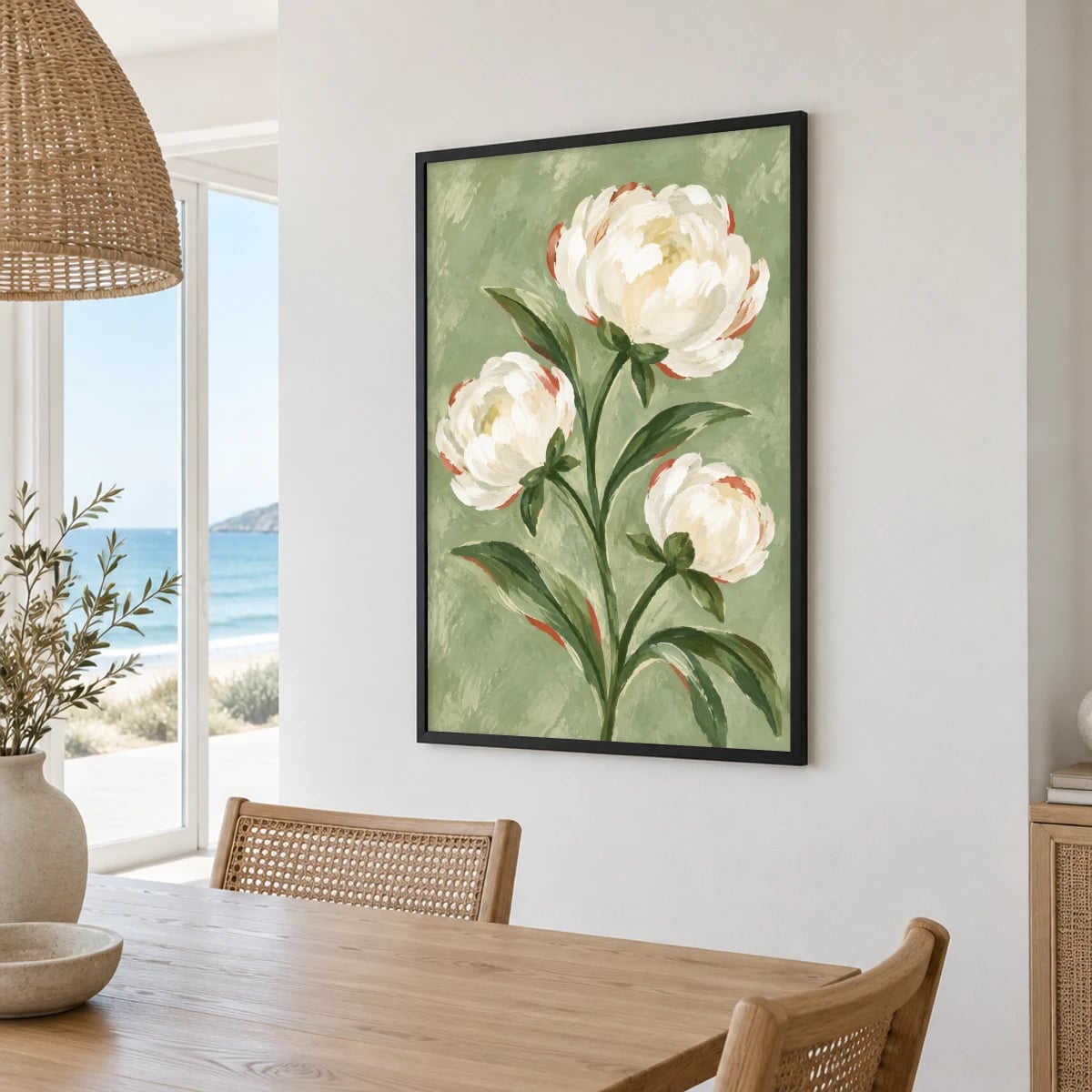 Quadro Peônias Brancas em Fundo Verde