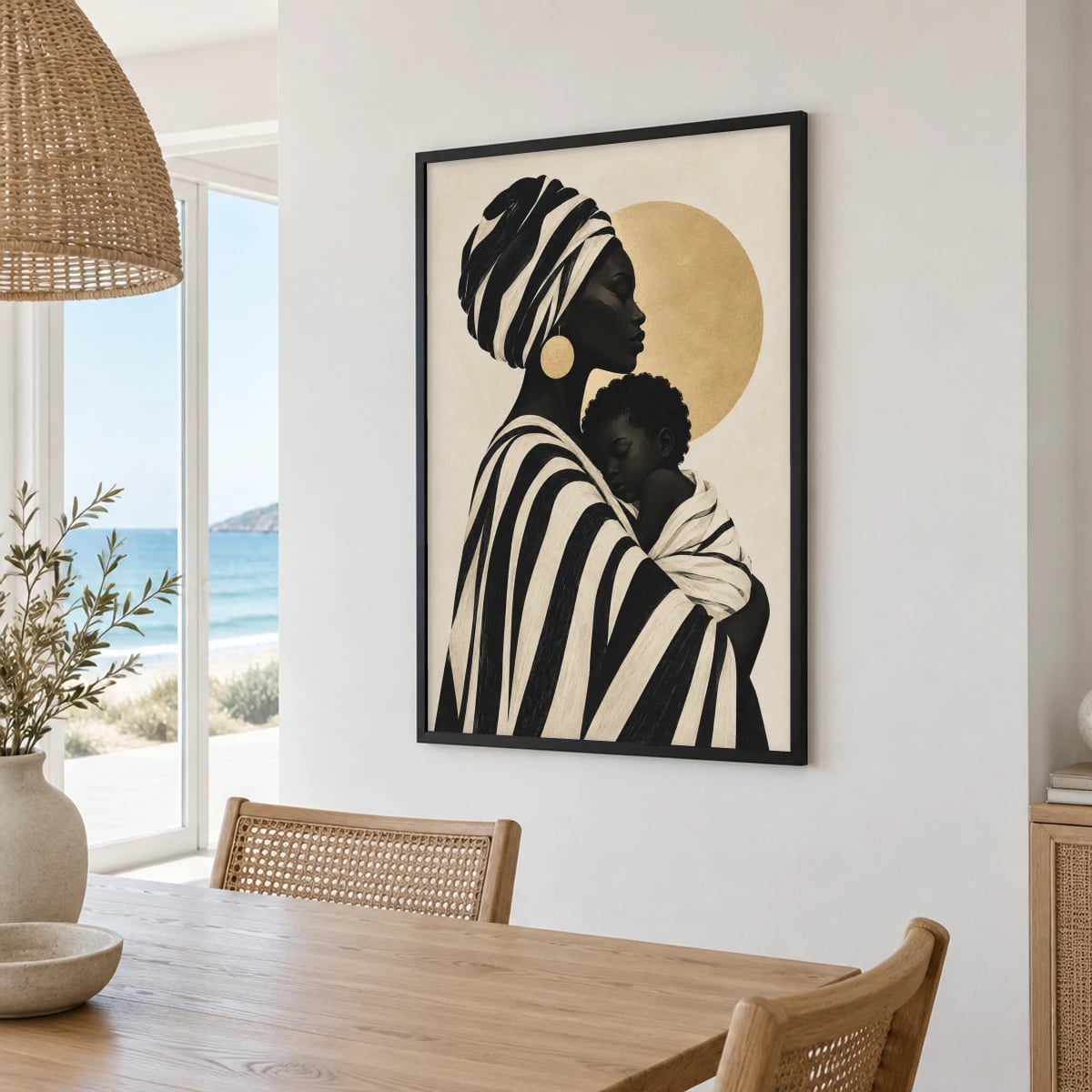 Quadro Mãe Africana com Filho Abraçado