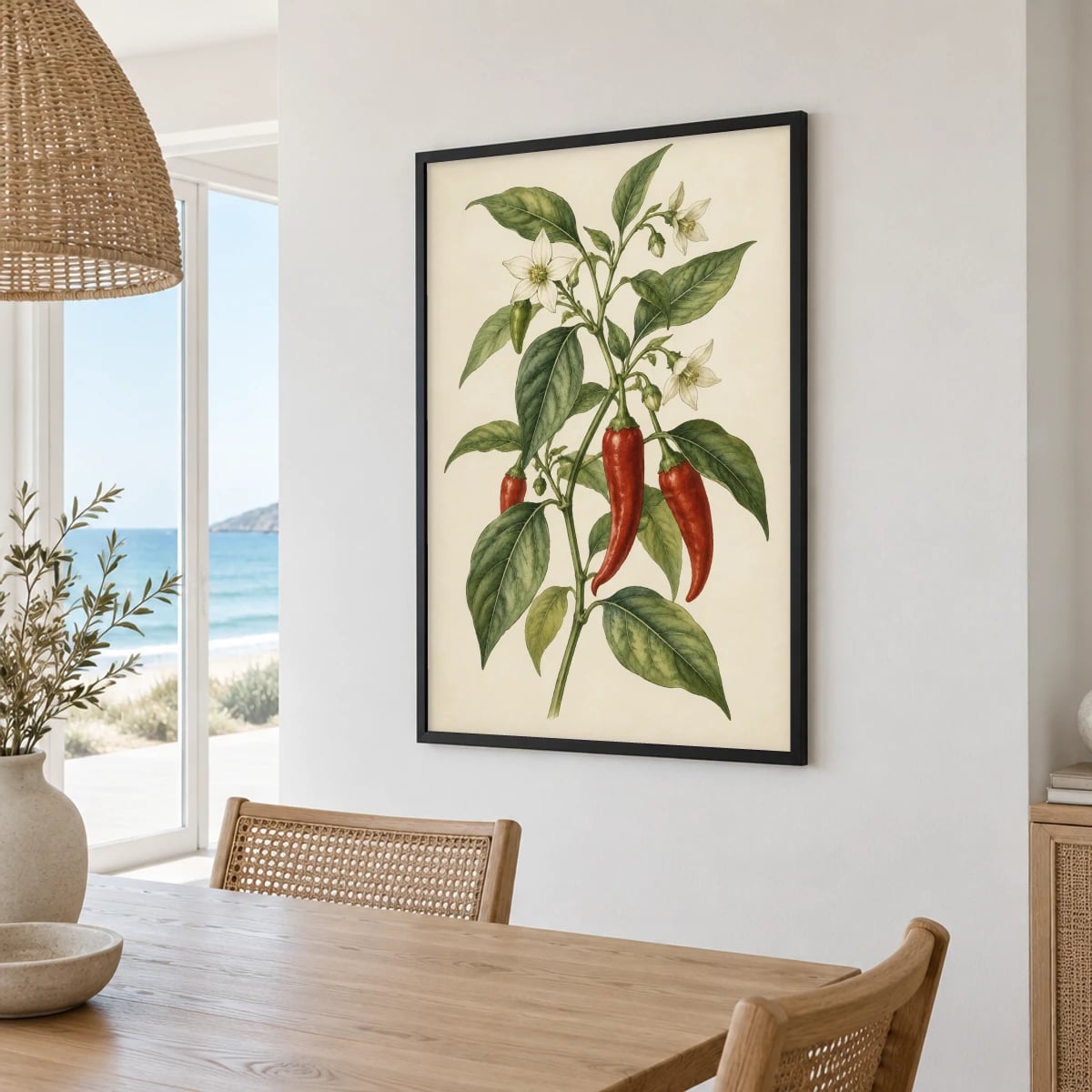 Quadro Ramos de Pimenta com Flores Brancas