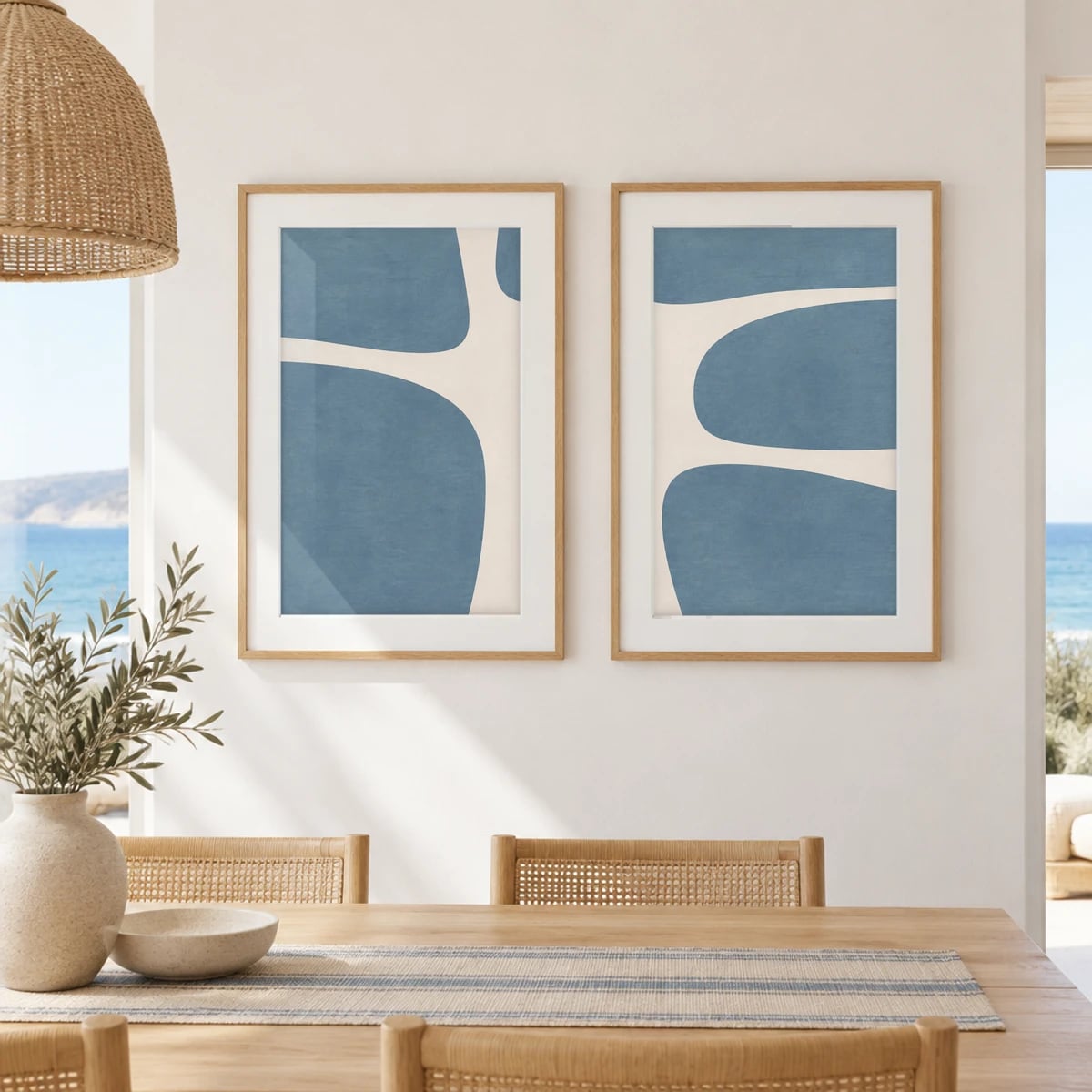 Quadro Linhas Orgânicas em Tons Neutros e Azuis