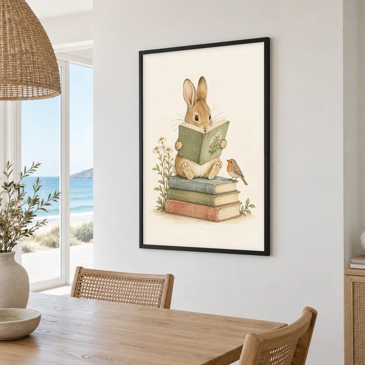 Quadro Coelhinho e Pássaro com Livros