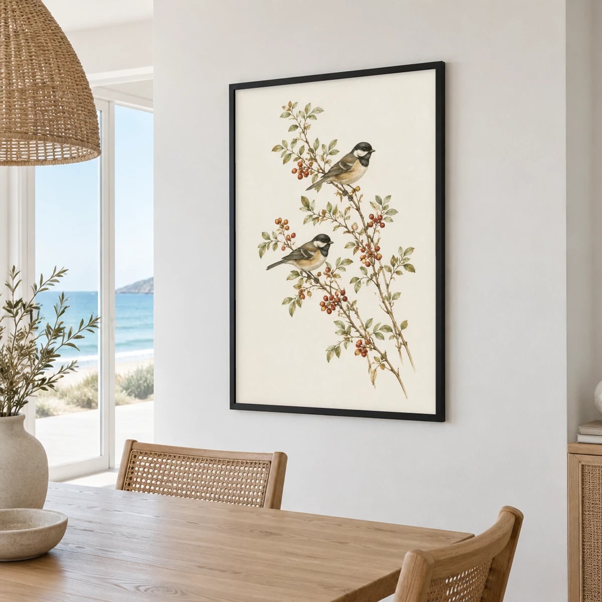 Quadro Pássaros em Galho com Bagas