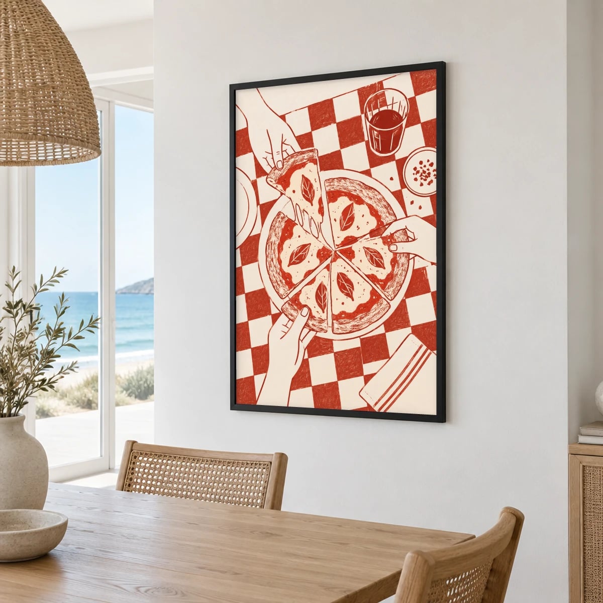 Quadro Compartilhando Pizza na Mesa Quadriculada